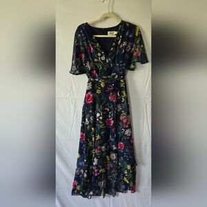 Eliza J Floral High Low Lined Criss Cross Neckline Belted Dress Size 8